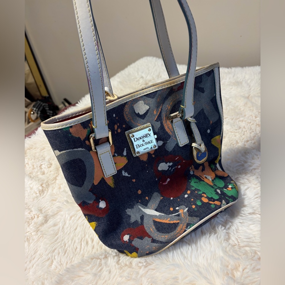 Dooney & Bourke Multicolor Abstract Canvas Shoulder Bag with Cream Trim